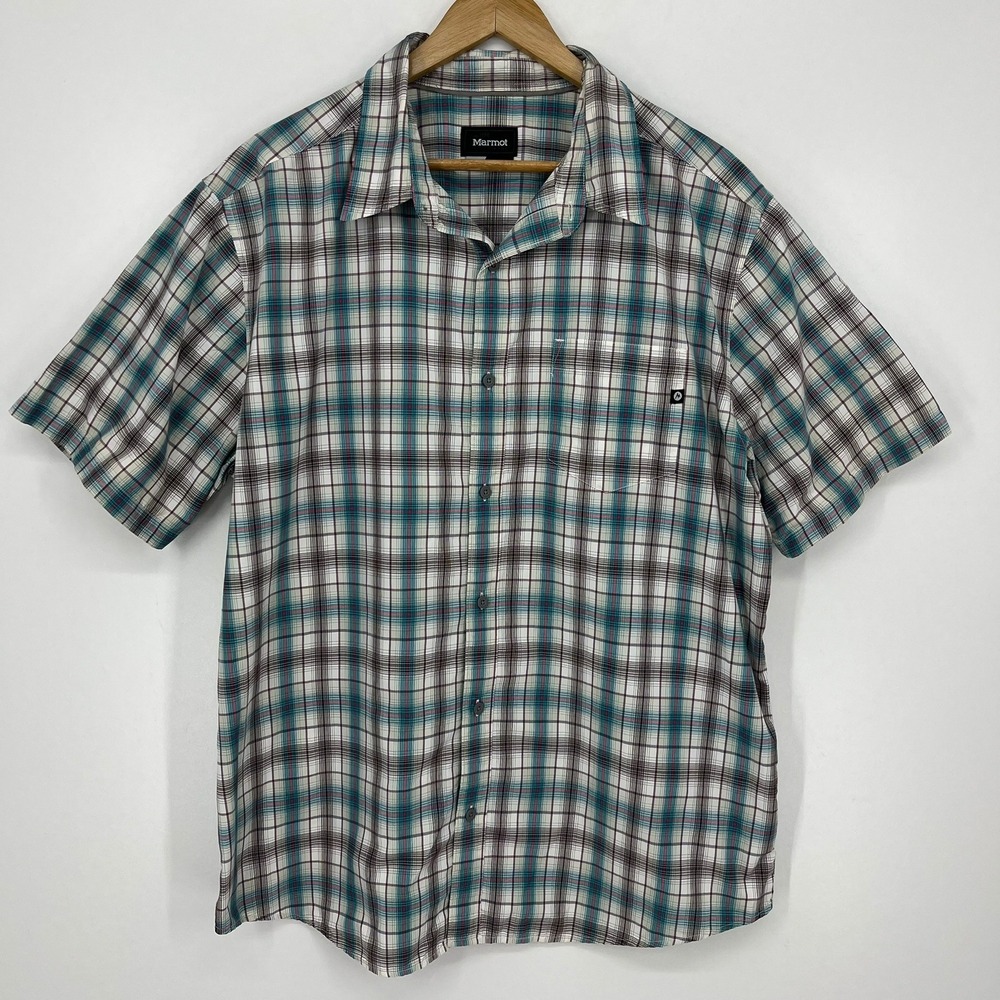 Marmot Mens XL‎ Short Sleeve Plaid Button Up Shirt Teal Brown White Pocket